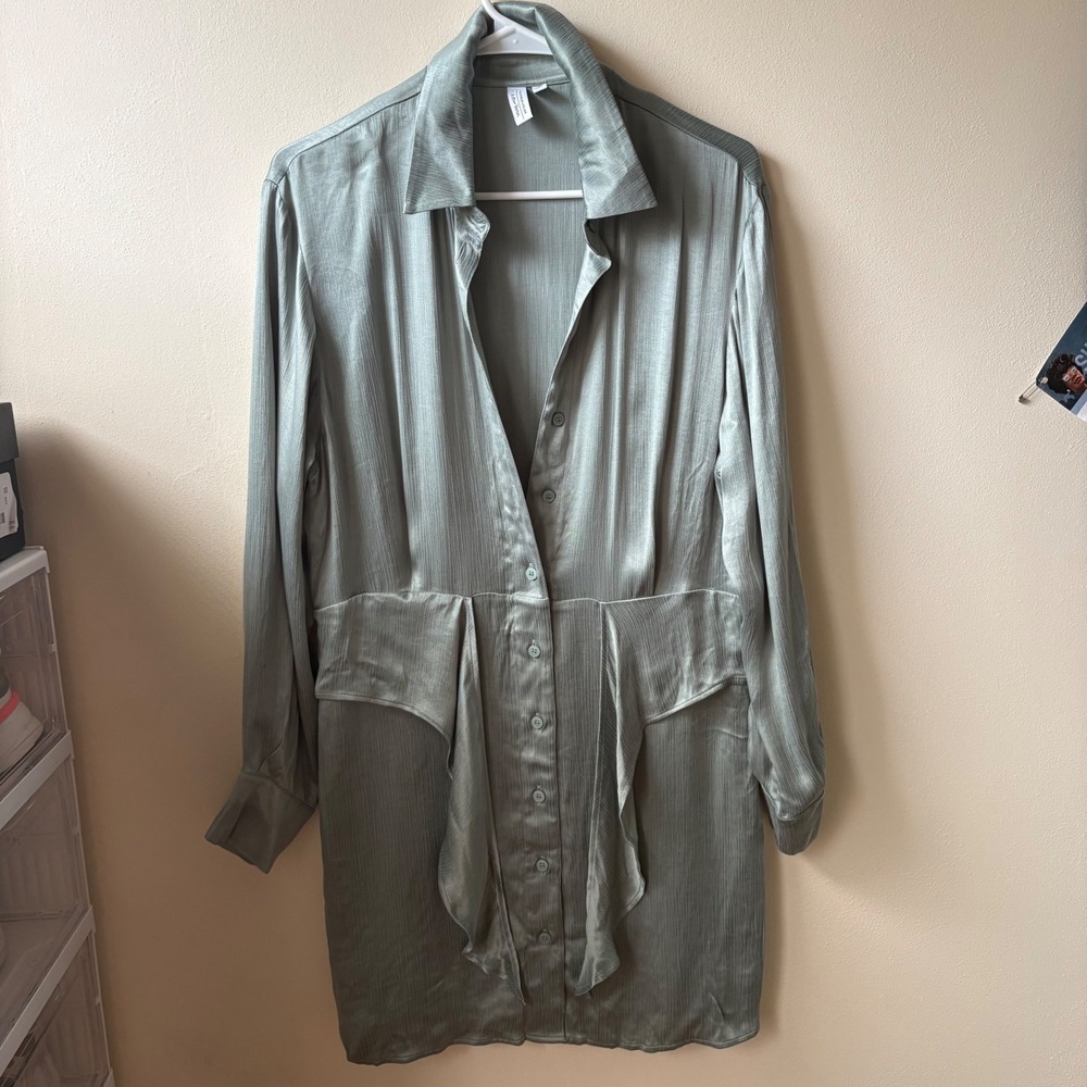 & Other Stories Los Angeles Atelier Sage Green Cupro Mini Shirt Dress Size 8